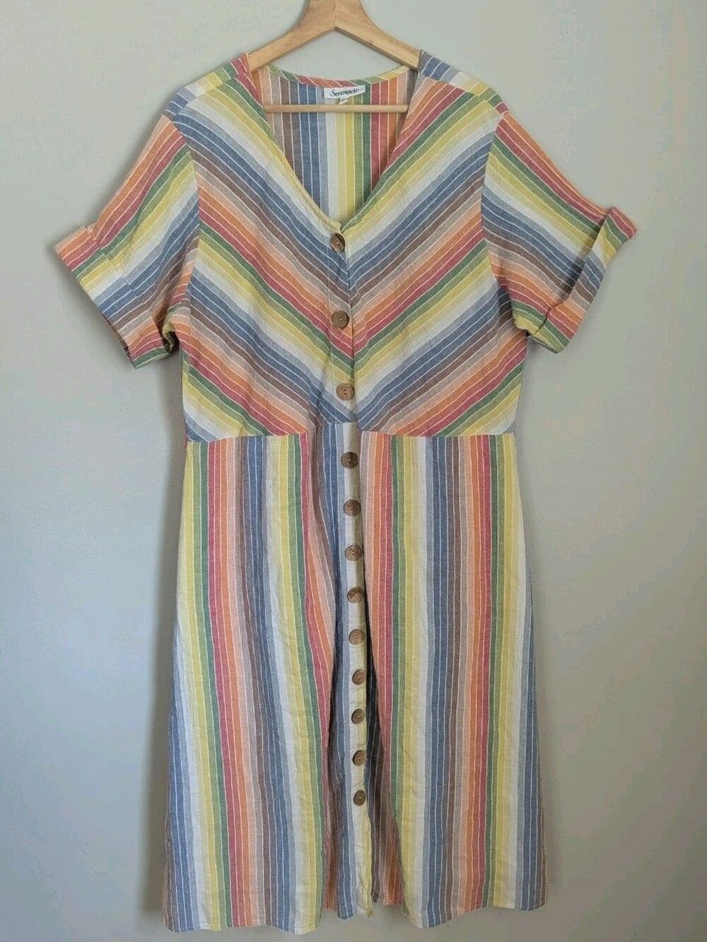 Pastel Rainbow Stripe 100% Cotton Gauze DRESS 2X A-line Serengeti Lined Midi EUC